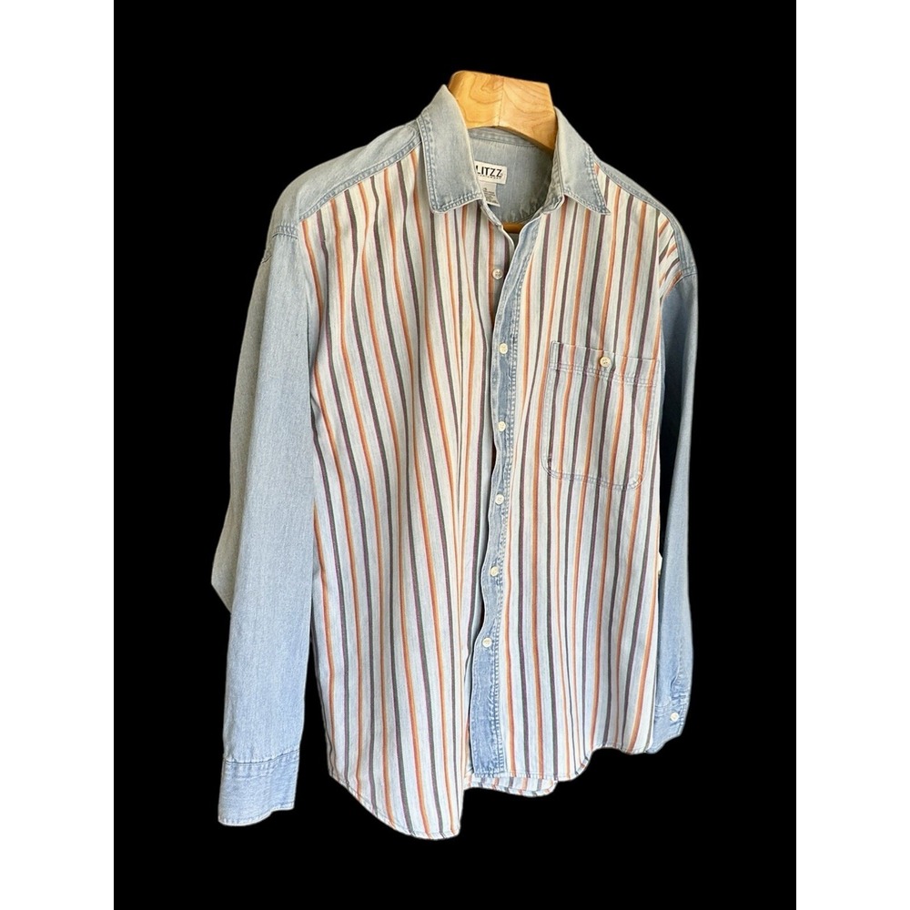 Blitzz 90's Y2K Shirt Large Denim Blue & Orange‎ Striped Button Up Long Sleeve